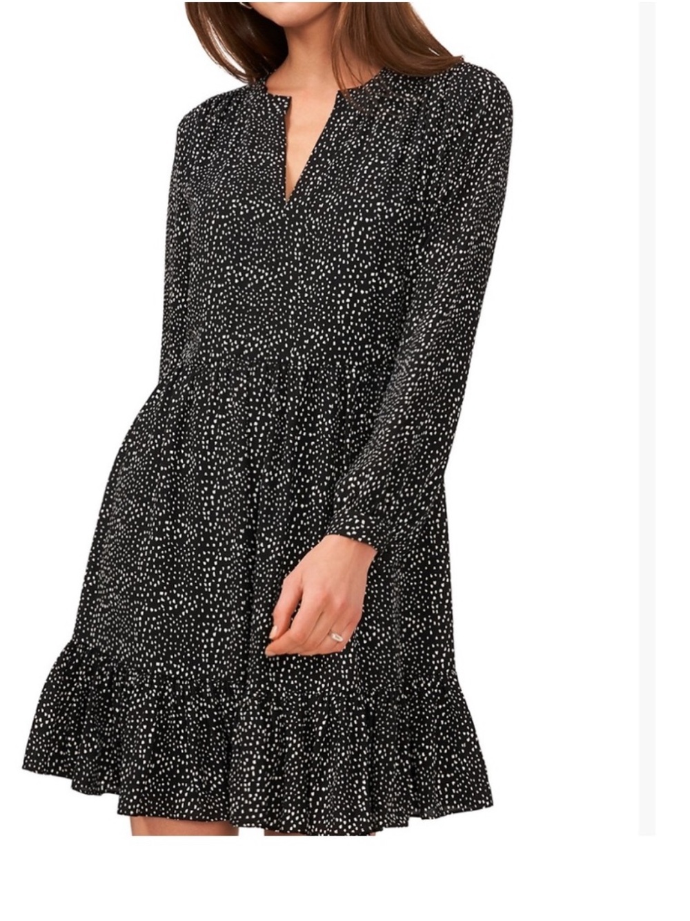 MSK Black and White Dot Print Long-Sleeve Ruffle Hem Dress